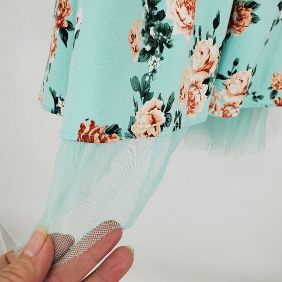 Hot Topic Pin Up Dress Mint Green with Peach Floral Halter and Back Zipper Med - Picture 6 of 7